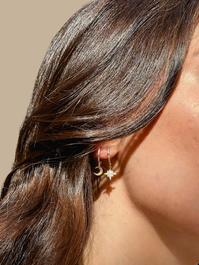 Model Wearing Stella Crescent Star Earrings Jewelry for Pierced Ears 18k Gold Plated 925 Sterling Silver 2 cm 1.3gms