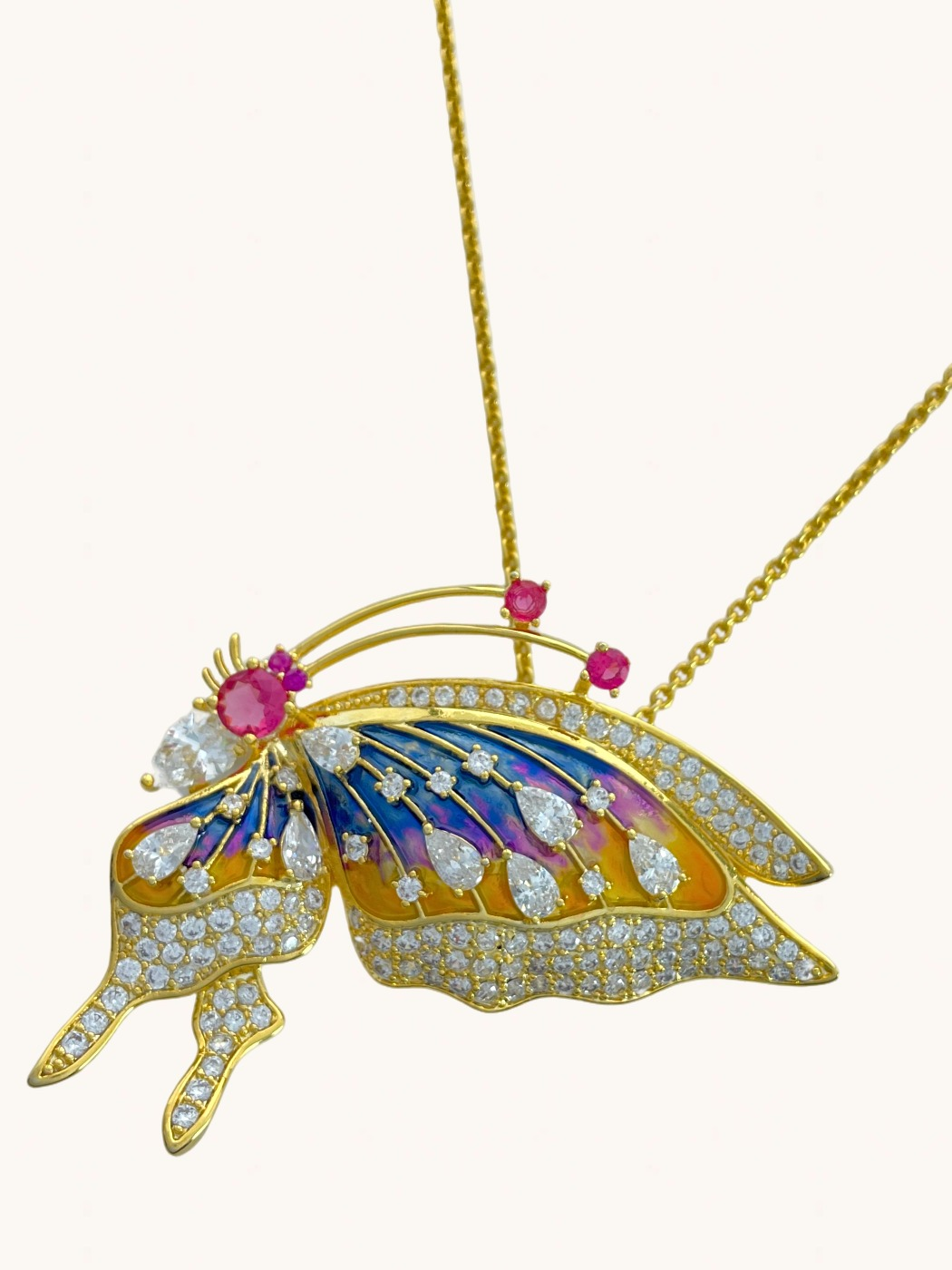 Closeup of Gold Butterfly Brooch Pendant Necklace Fixed Length 18k Plated 925 Sterling Silver Brass Metal One Size 15.5gms
