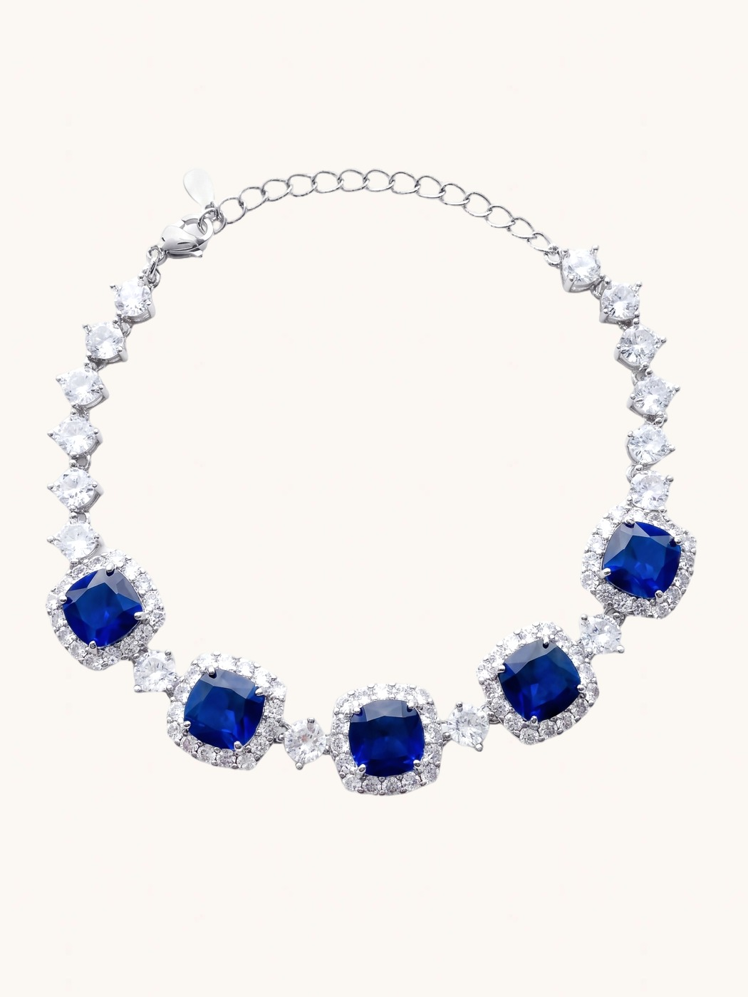Front View of Martina Bracelet-Blue Adjustable Length Rhodium Plated Copper Metal One Size 14gms Mix