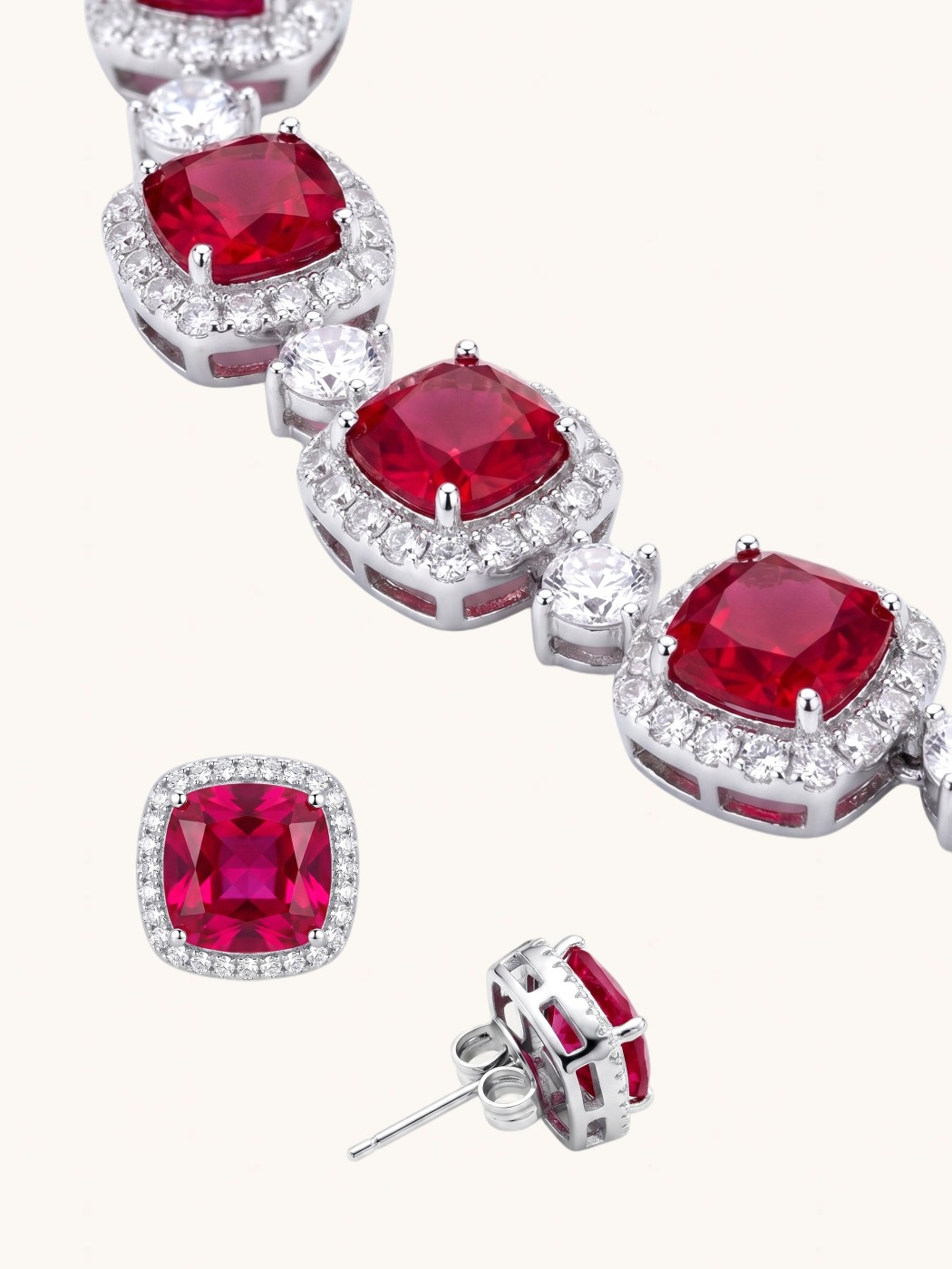 Closeup of Martina Necklace and Earrings Set-Red Comfort Fit Rhodium Plated Brass One Size 37.4gms