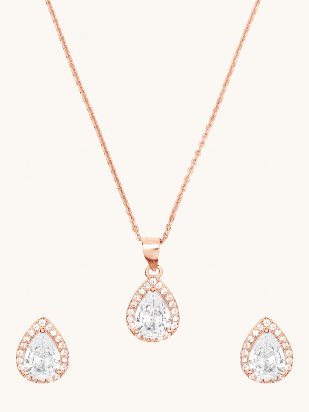 Front View of Zia Drop Pendant Necklace & Stud Earrings in 18k Rose gold plated 925 sterling silver Comfort Fit Gold Plated Sterling Silver 16 cm 4.8gms