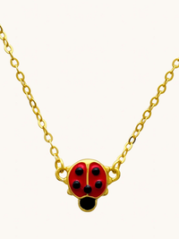 Front View of Little Princess Lady Bug Necklace in 18k Gold plated Sterling Silver Adjustable Length Plated 925 Metal One Size 3.5gms