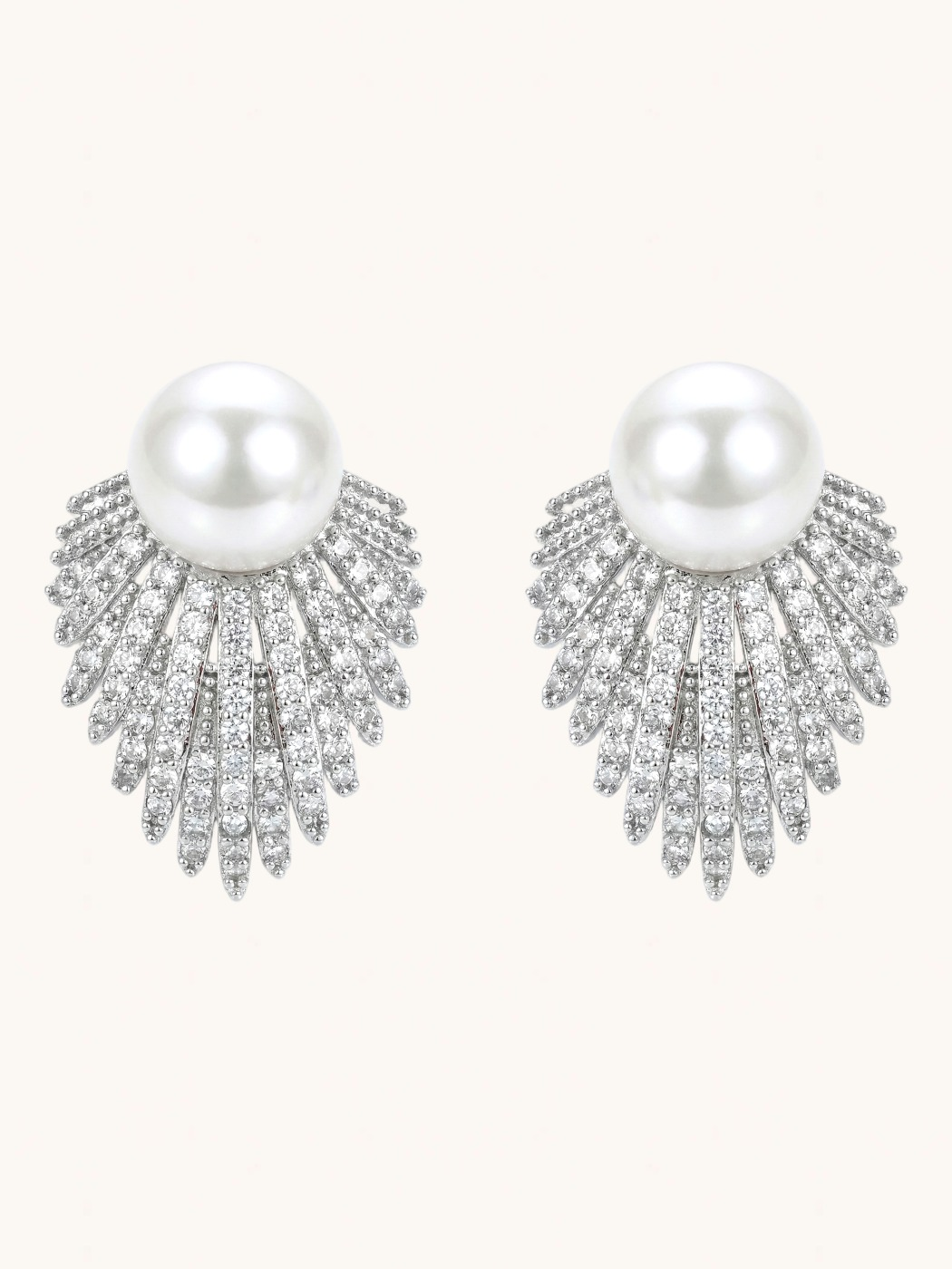 Front View of Evelyn Pearl Stud Earrings in Rhodium Plated Metal Jewelry for Pierced Ears Post / Pin & Push 925 Sterling Silver Stamp Marked Brass 2.5 cm 7.4gms