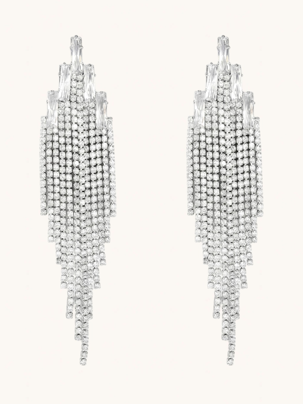 Front View of Elise Waterfall Earrings in Rhodium Plated Metal Jewelry for Pierced Ears Post / Pin & Push 925 Sterling Silver Stamp Marked 13.2gms