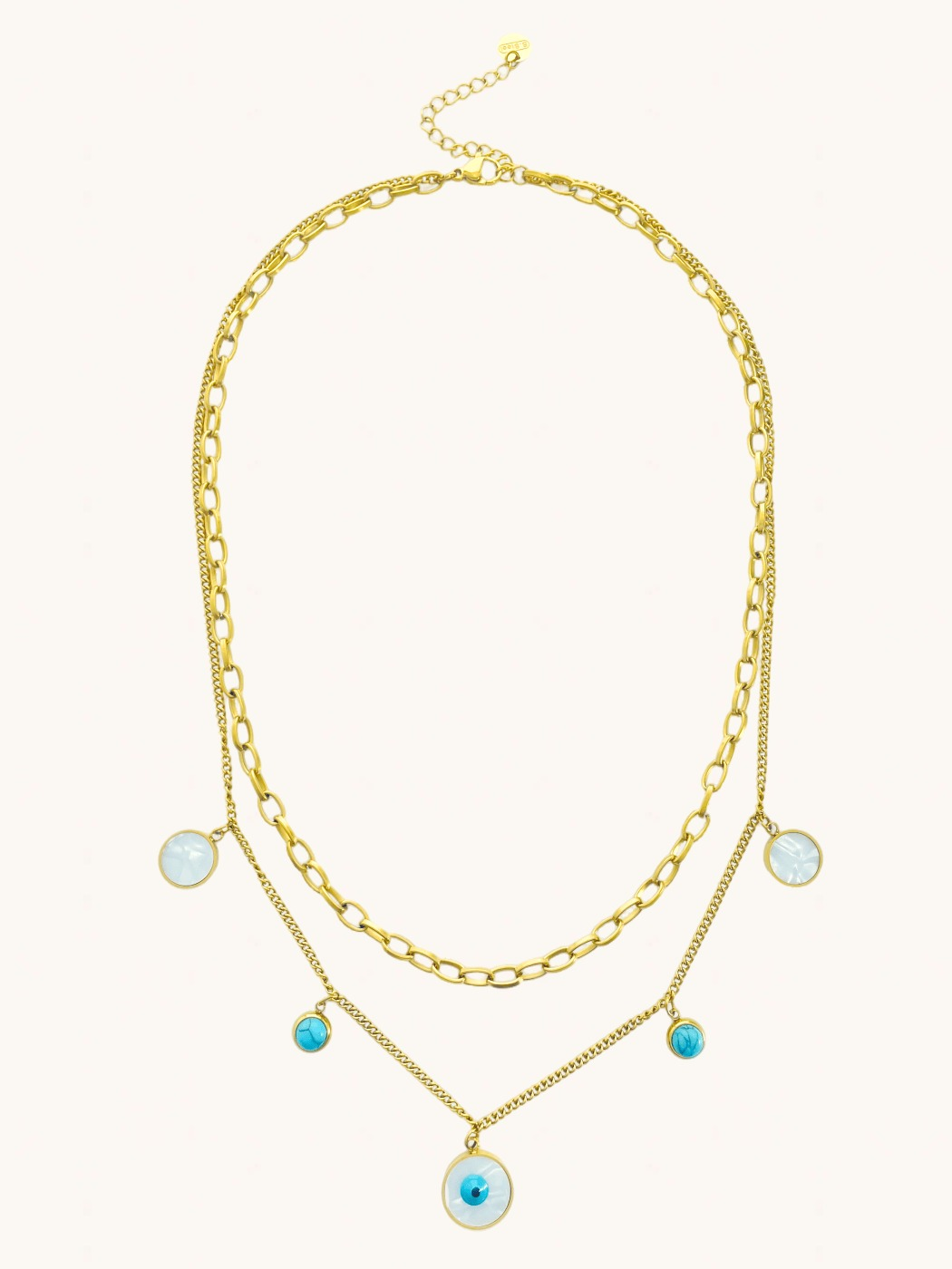Front View of Gold Aura Evil Eye Layered Necklace in 18k Gold-Plated Metal Adjustable Length Plated Steel | Hypoallergenic Tarnish Resistant Sweat Water Eco - Friendly One Size 14.2gms