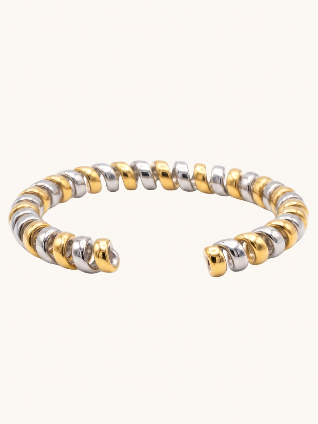 Rear View of Twila Spiral Bangle in Two-Tone Metal Comfort Fit 18k Gold Plated Steel | Hypoallergenic Tarnish Resistant Sweat Water 8 inches 16.7gms Stainless
