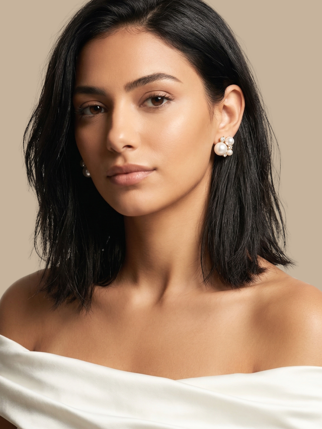 Model Wearing Pristine Pearl Trio Stud Earrings Jewelry for Pierced Ears Gold Plated Copper 925 Sterling Silver One Size 6.9gms