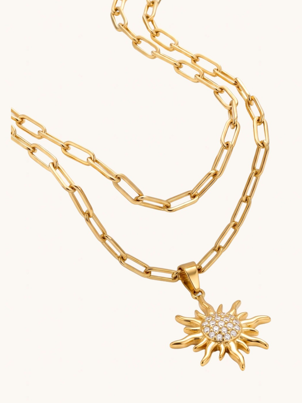 Closeup of Soleil Sunburst Layered Necklace Comfort Fit 18k Gold Plated Steel | Hypoallergenic Tarnish Resistant Sweat Water 2 cm 9.1gms Stainless