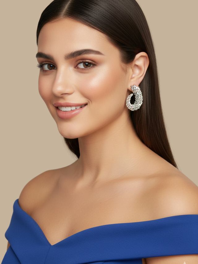 Model Wearing Siena Cluster Stud Earrings in Rhodium Plated Metal-White Jewelry for Pierced Ears Post / Pin & Push 925 Sterling Silver Stamp Marked Brass 4.5 cm 14.3gms