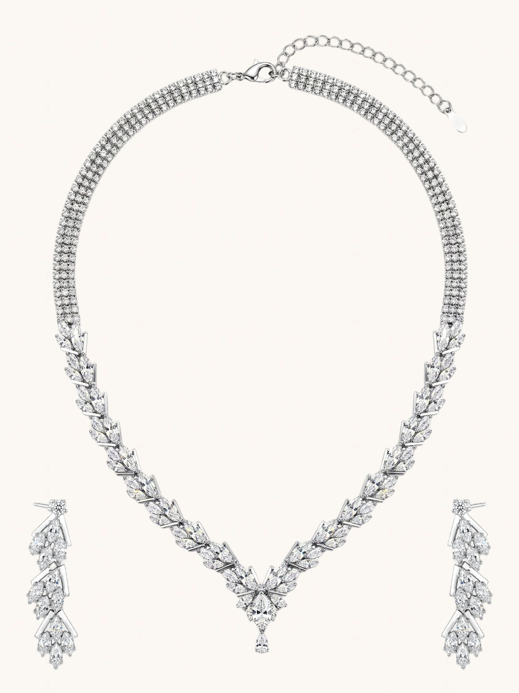 Front View of Kate Necklace Set Comfort Fit Rhodium Plated Copper 16 inches 31.3gms Mix Metal