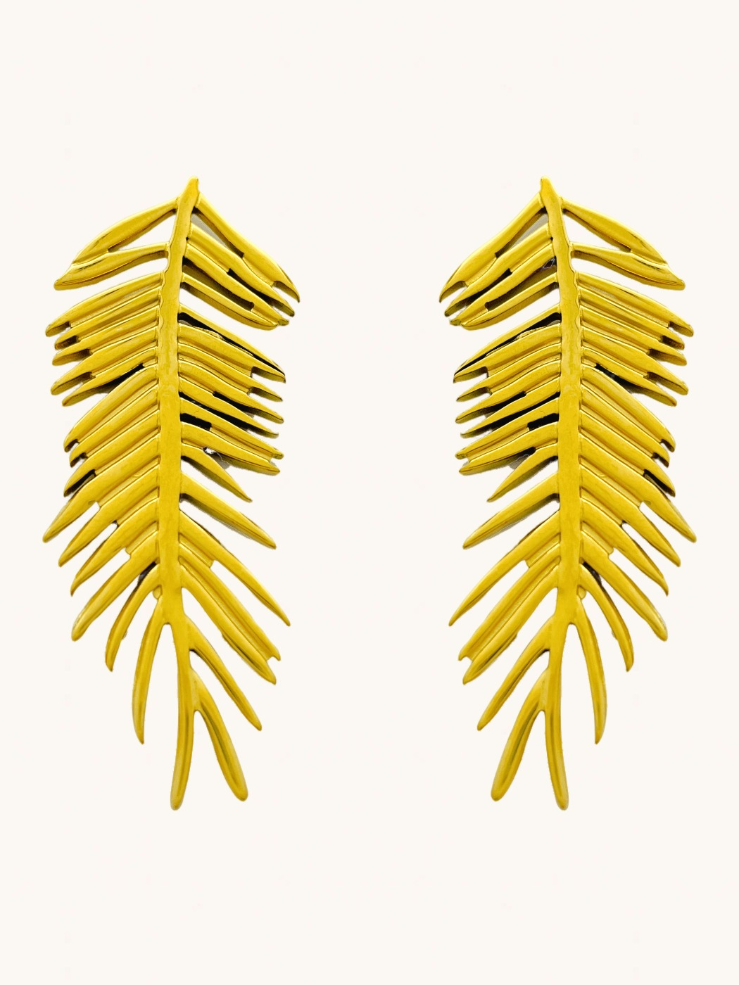 Front View of Palm Leaf Stud Earrings in 18K Gold Plated Metal Jewelry for Pierced Ears 18k Steel | Hypoallergenic Tarnish Resistant Sweat Water Eco - Friendly One Size 16.3gms Stainless