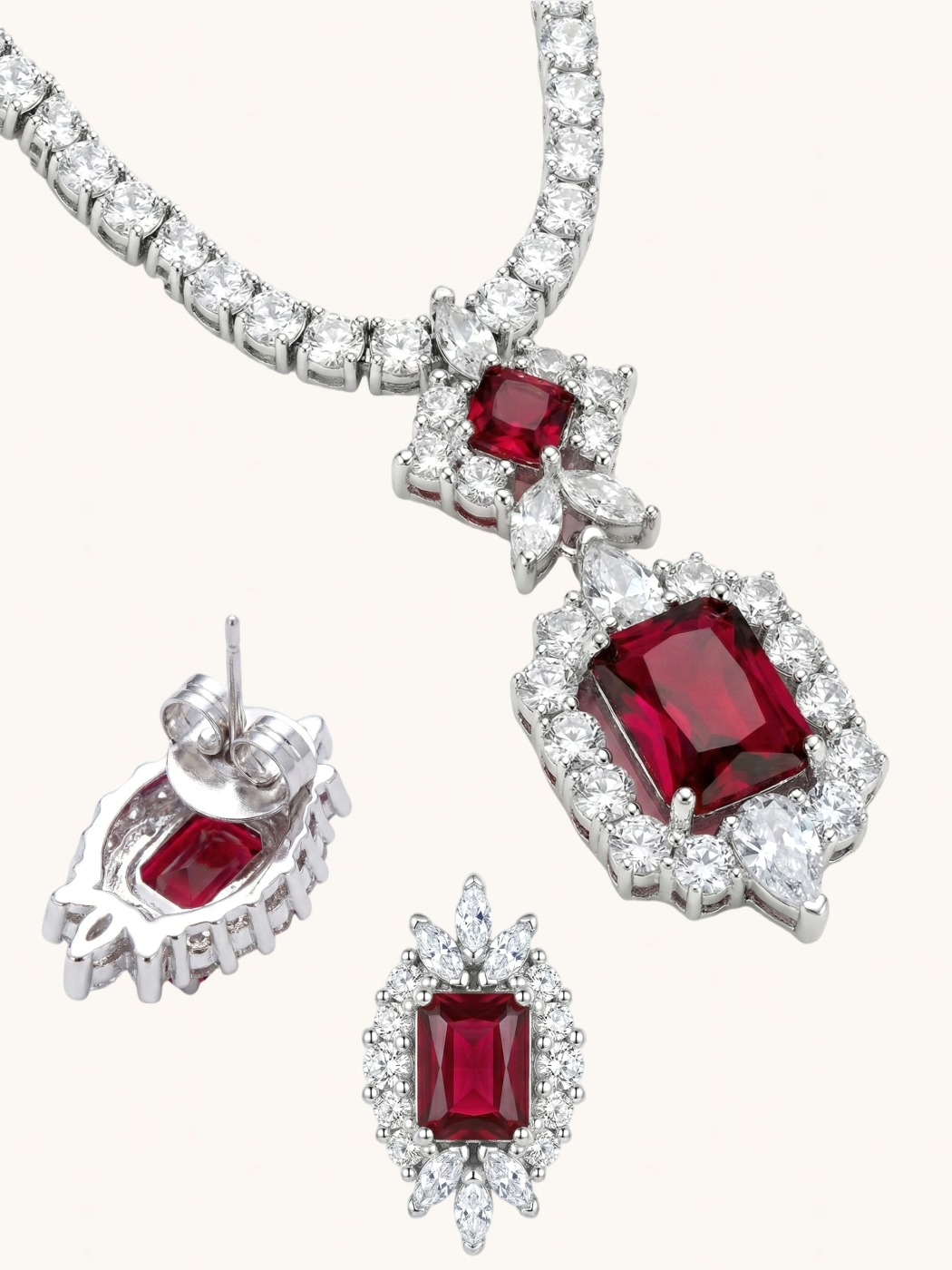 Closeup of Amaris Tennis Necklace and Earrings in Rhodium Plated Metal-Red Comfort Fit Copper 16 inches 22.1gms Mix Metal