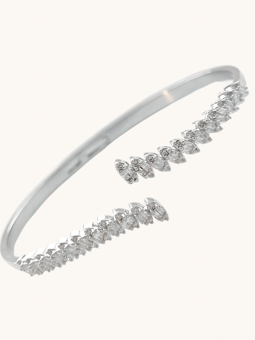 Closeup of Leni open Bangle in Rhodium Plated Metal Comfort Fit Copper 18.5 cm 11.8gms Mix