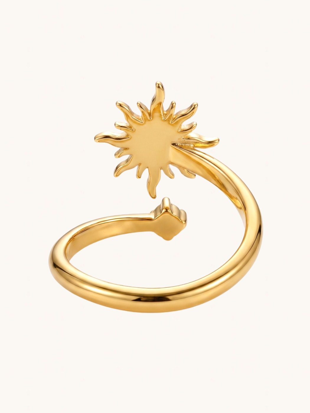 Rear View of Soleil Sunburst Open Ring Comfort Fit 18k Gold Plated Steel | Hypoallergenic Tarnish Resistant Sweat Water 6 cm 1.9gms Stainless