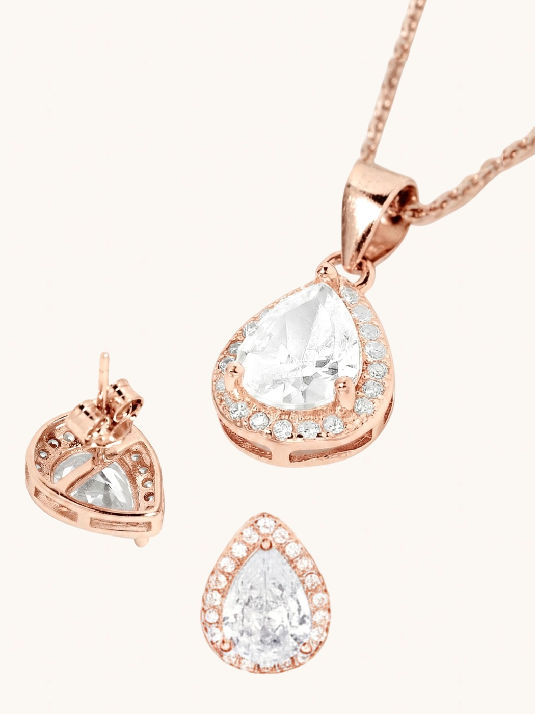 Closeup of Zia Drop Pendant Necklace & Stud Earrings in 18k Rose gold plated 925 sterling silver Comfort Fit Gold Plated Sterling Silver 16 cm 4.8gms