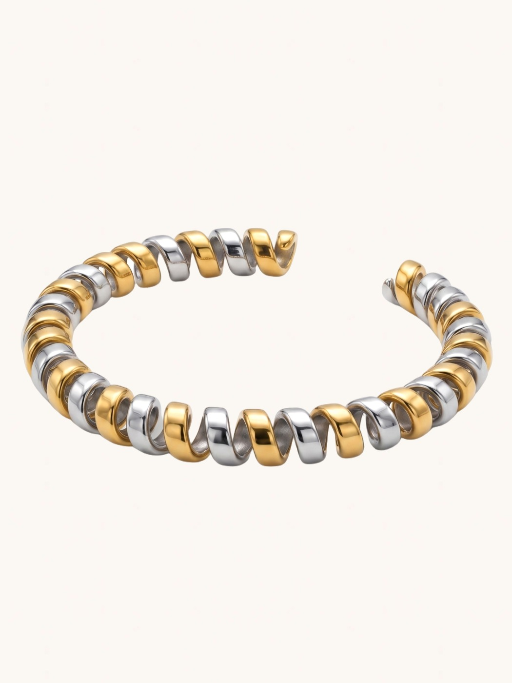 Front View of Twila Spiral Bangle in Two-Tone Metal Comfort Fit 18k Gold Plated Steel | Hypoallergenic Tarnish Resistant Sweat Water 8 inches 16.7gms Stainless