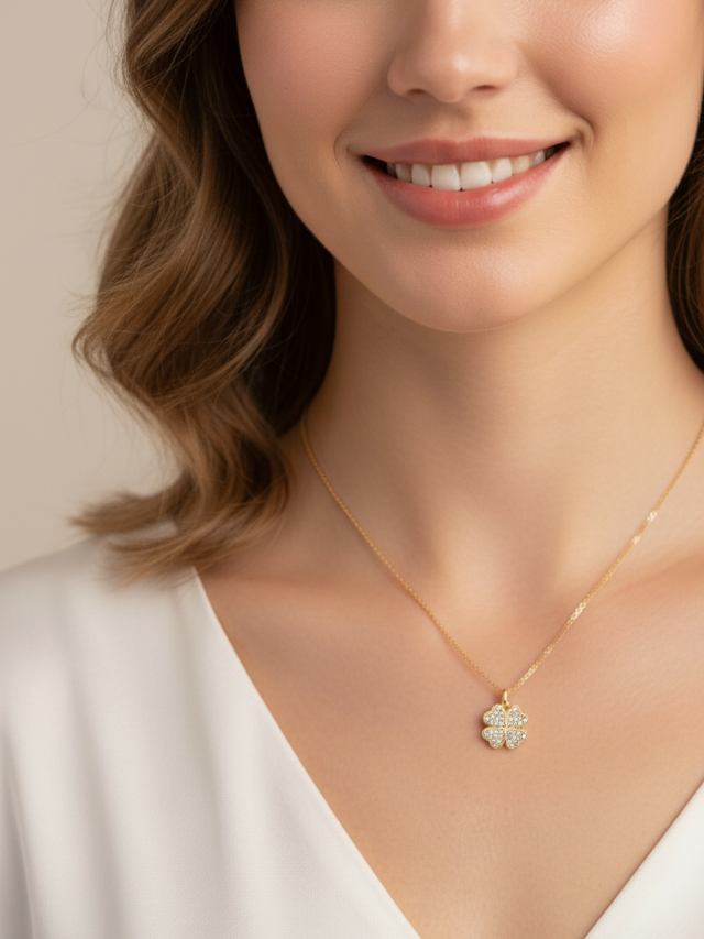 Model Wearing Cara Clover Pendant Necklace in 18k Gold Plated Sterling Silver Fixed Length 925 Brass Metal Stone 16 inches 2.3gms