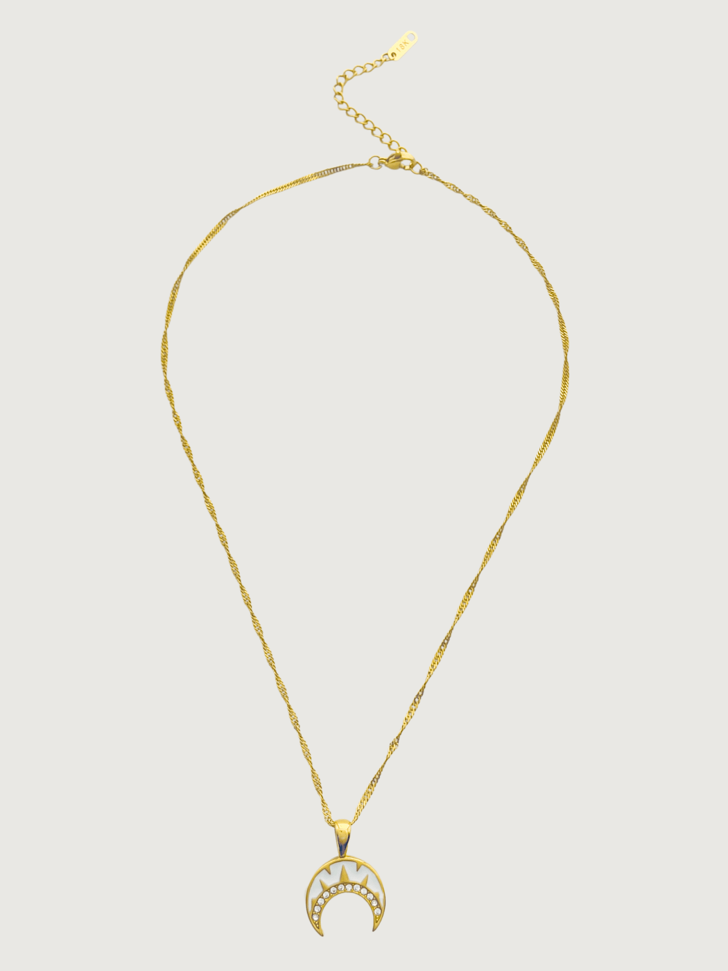 Rear View of Mina Moonbeam Pendant Necklace in 18K Gold Plated Metal Adjustable Length 18k Steel | Hypoallergenic Tarnish Resistant Sweat Water Eco - Friendly One Size 4.3gms