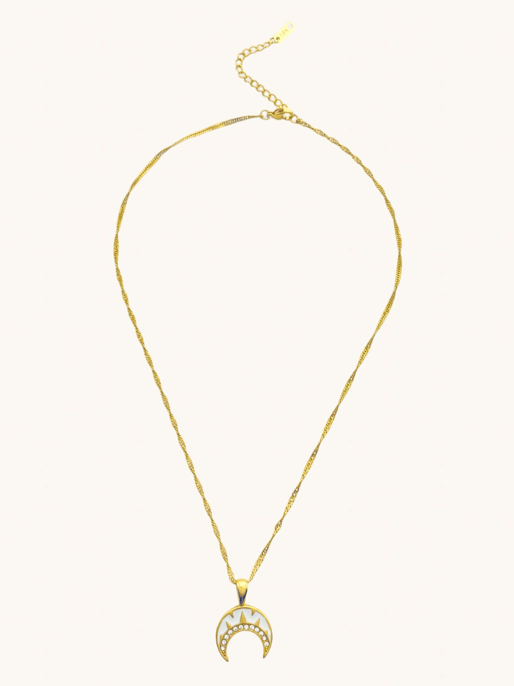 Rear View of Mina Moonbeam Pendant Necklace in 18K Gold Plated Metal Adjustable Length 18k Steel | Hypoallergenic Tarnish Resistant Sweat Water Eco - Friendly One Size 4.3gms