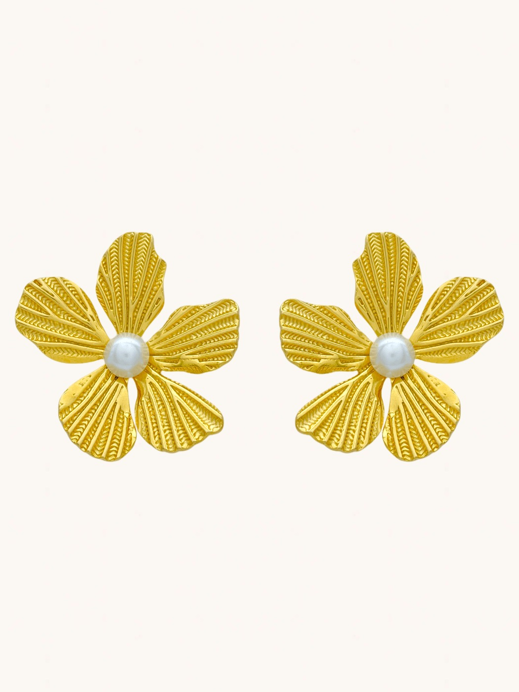 Front View of Genelia Gold Flower Pearl Stud Earrings in 18K Plated Metal Jewelry for Pierced Ears 18k Steel | Hypoallergenic Tarnish Resistant Sweat Water Stone Eco - Friendly One Size 14.3gms Stainless
