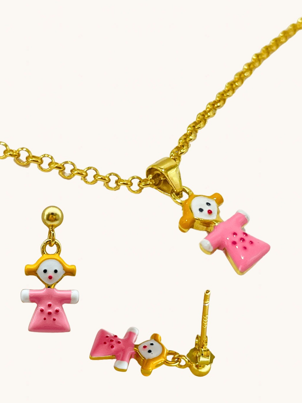 Closeup of Little Princess Dolly Pendant Necklace and Dangle Earrings in 18K Gold Plated Sterling Silver Adjustable Length 18k 925 Metal 14 inches 6.3gms