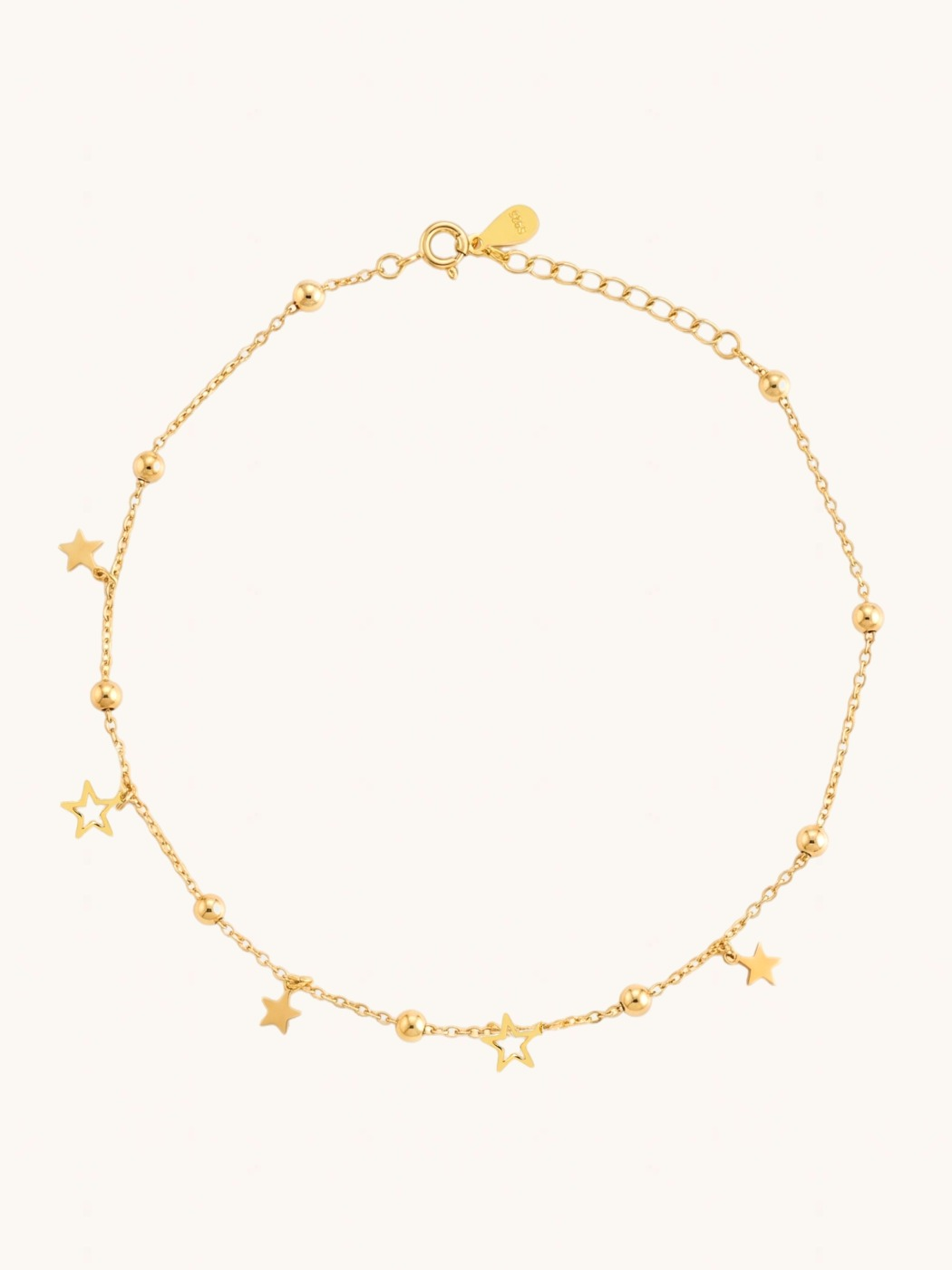 Front View of Stella Star Anklet Comfort Fit 18k Gold Plated 925 Sterling Silver 9 inches 1.9gms