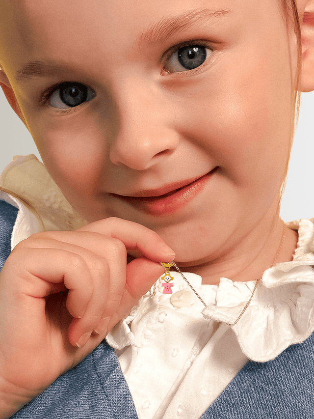 Model Wearing Little Princess Dolly Pendant Necklace and Dangle Earrings in 18K Gold Plated Sterling Silver Adjustable Length 18k 925 Metal 14 inches 6.3gms