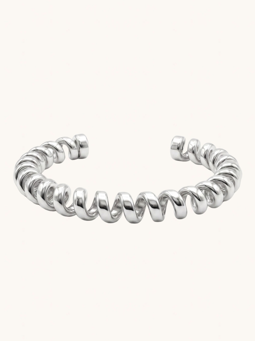Front View of Twila Spiral Bangle in Silver-Tone Metal Comfort Fit 18k Gold Plated Steel | Hypoallergenic Tarnish Resistant Sweat Water 8 inches 19.6gms Stainless