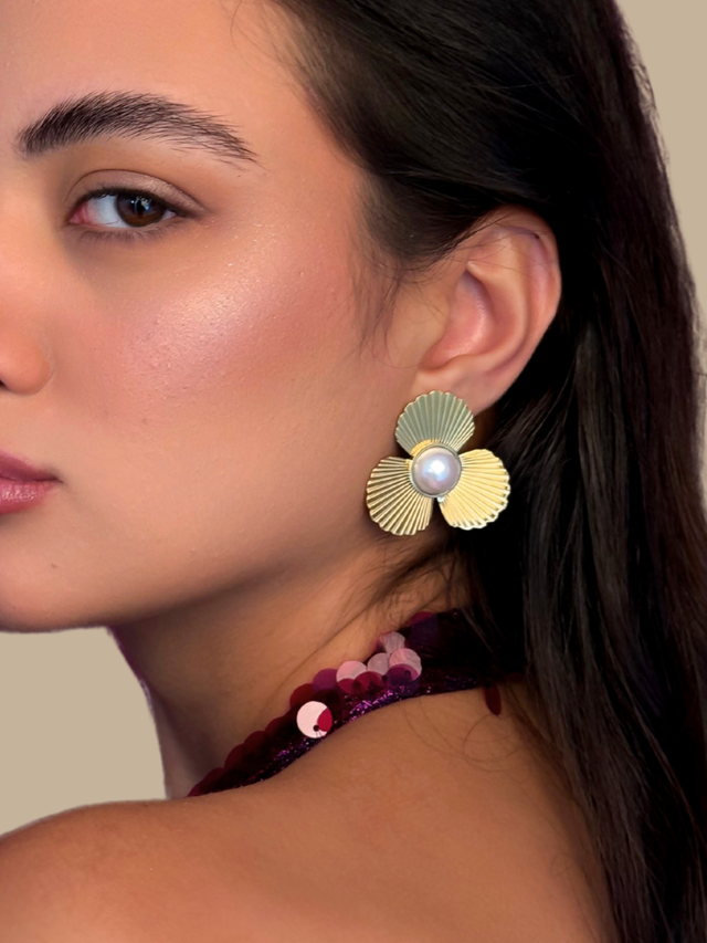 Model Wearing Louise Pearl Stud Earrings Jewelry for Pierced Ears 18k Gold Plated Steel | Hypoallergenic Tarnish Resistant Sweat Water Eco - Friendly One Size 14gms Stainless