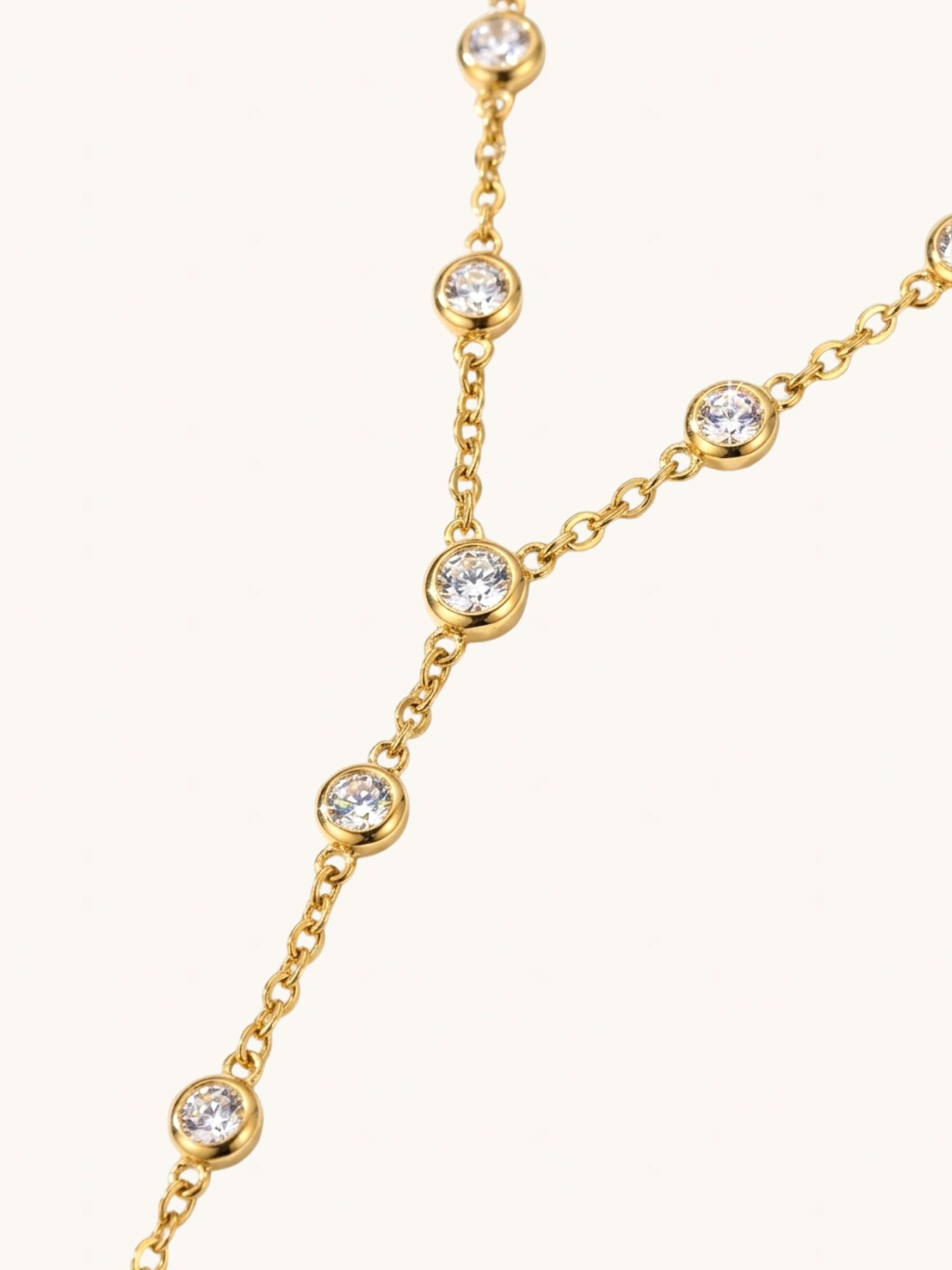 Closeup of Myra Bezel Drop Lariat Necklace Comfort Fit 18k Gold Plated Steel | Hypoallergenic Tarnish Resistant Sweat Water One Size 6.8gms Stainless