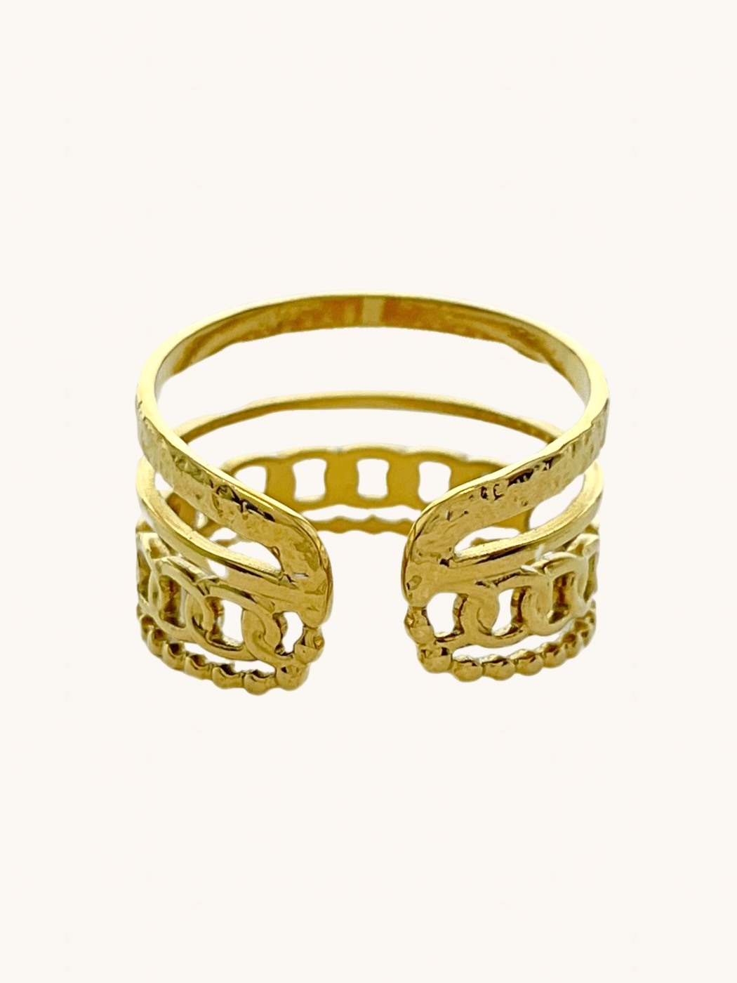 Rear View of Arabella Open Ring in 18k Gold-Plated Metal Open-Adjustable-Resizable Gold Plated Steel | Hypoallergenic Tarnish Resistant Sweat Water Eco - Friendly One Size 2.4gms