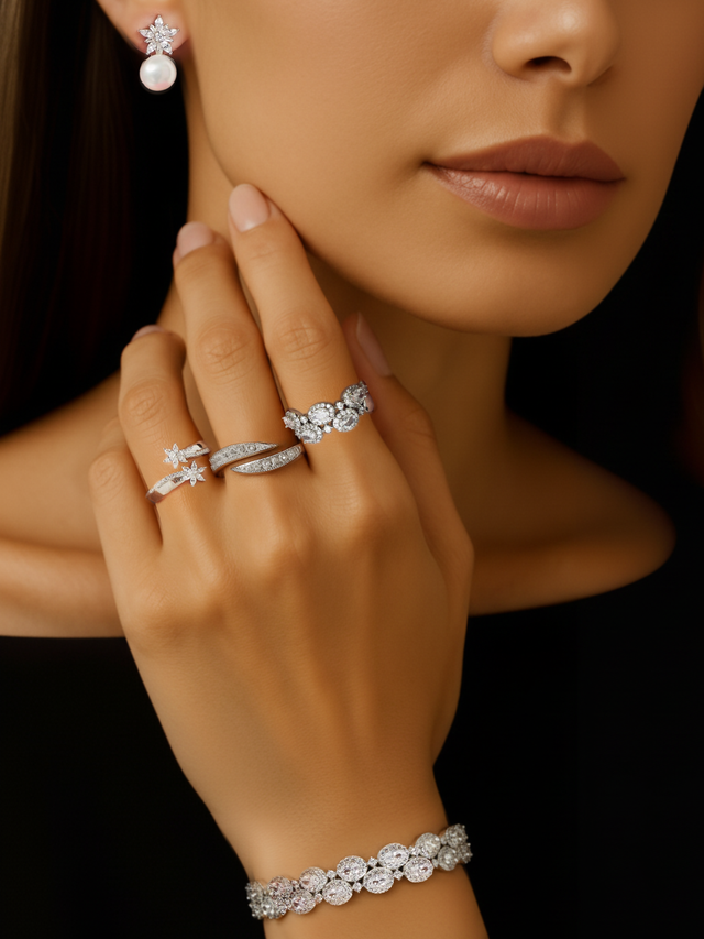 Model Wearing Orina Open Adjustable Ring in Rhodium Plated Metal Comfort Fit Copper 7.5 mm 4.3gms Mix