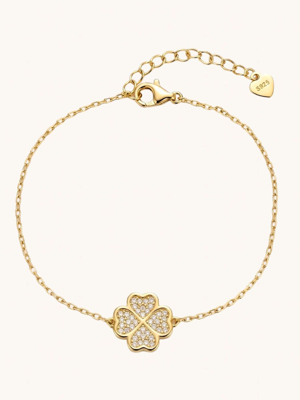 Front View of Cara Clover Bracelet in 18k Gold Sterling Silver Adjustable Length Plated 925 One Size 2.2gms