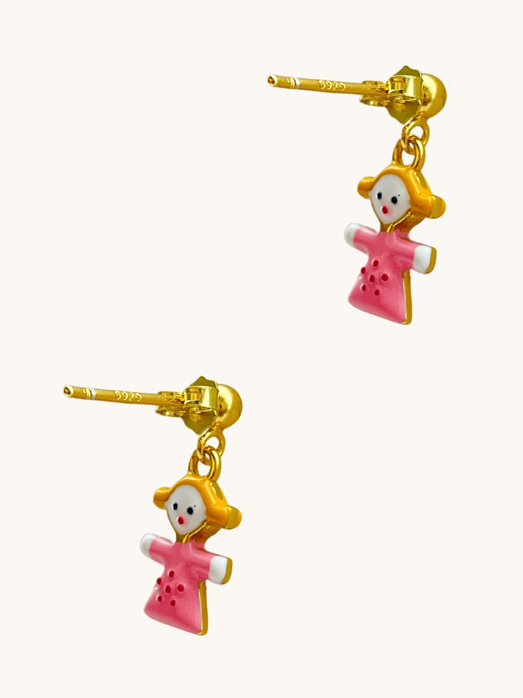 Rear View of Little Princess Dolly Dangle Earrings in 18K Gold Plated Sterling Silver Jewelry for Pierced Ears 18k 925 Metal 10 cm 2.2gms