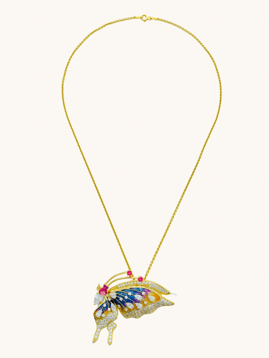 Rear View of Gold Butterfly Brooch Pendant Necklace Fixed Length 18k Plated 925 Sterling Silver Brass Metal One Size 15.5gms