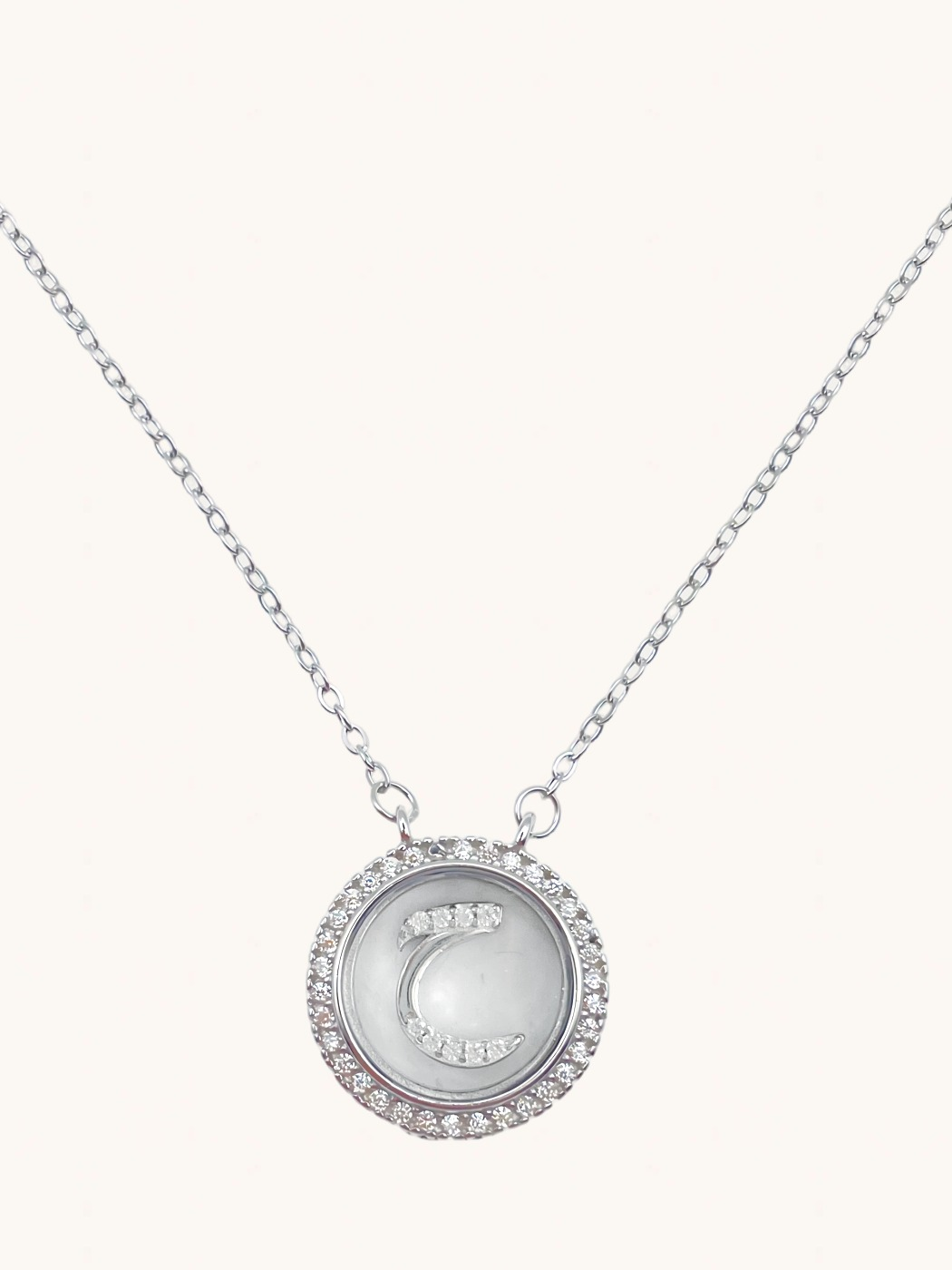Front View of Arabic Letter "Hhaa" Charm Pendant Necklace in 925 Sterling Silver Comfort Fit Metal 16 inches 4.2gms