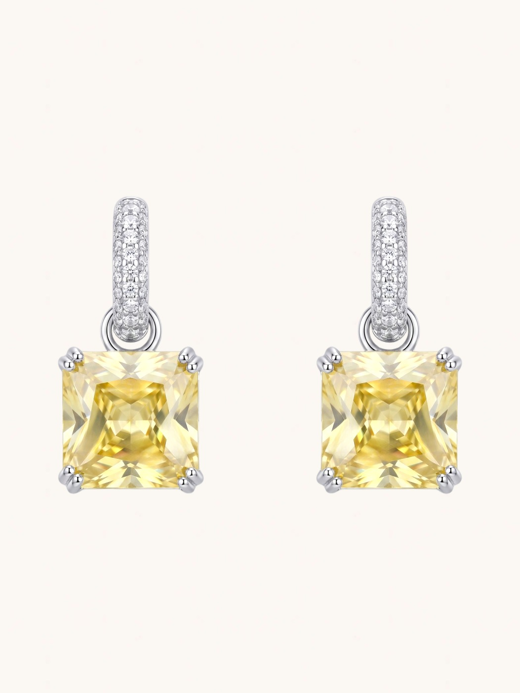 Front View of Valery Yellow Drop Huggie Hoop Earrings in Rhodium Plated Metal Jewelry for Pierced Ears Brass 2.5 cm 9.5gms