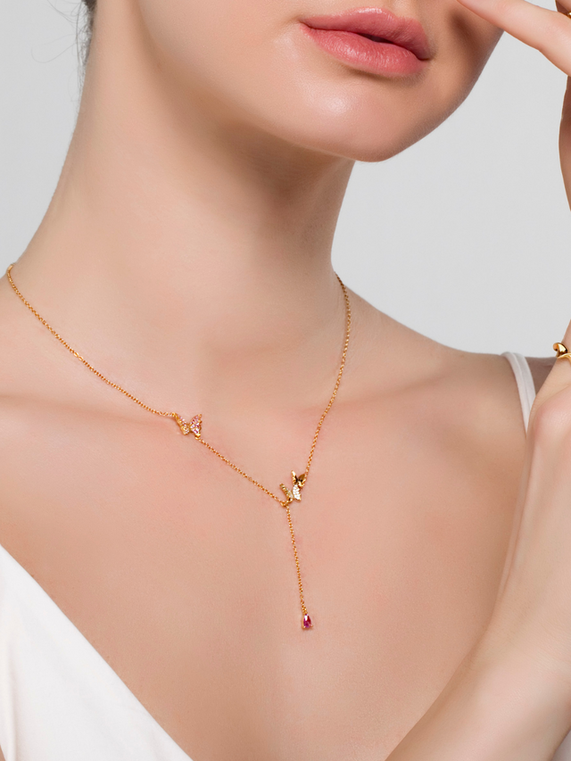 Model Wearing Astrid Lariat Necklace in 18K Gold Plated Sterling Silver Adjustable Length 18k 925 Metal One Size 2.5gms