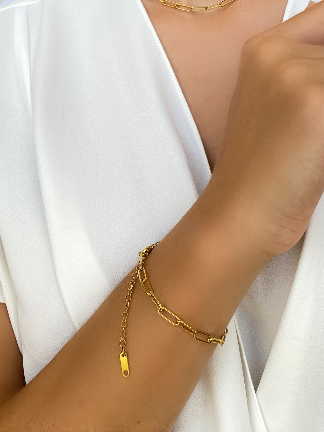 Alternate View of Model Wearing Celine Paperclip Bracelet in 18K Gold Plated Metal Adjustable Length 18k Steel | Hypoallergenic Tarnish Resistant Sweat Water Eco - Friendly One Size 3.1gms