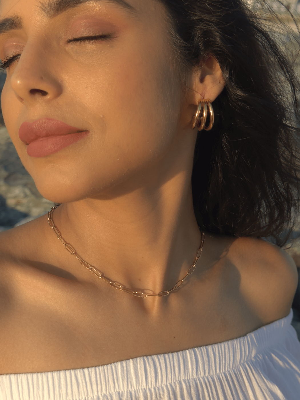 Model Wearing Celine Paperclip Necklace in 18K Gold Plated Metal Adjustable Length 18k Steel | Hypoallergenic Tarnish Resistant Sweat Water Eco - Friendly One Size 6.1gms