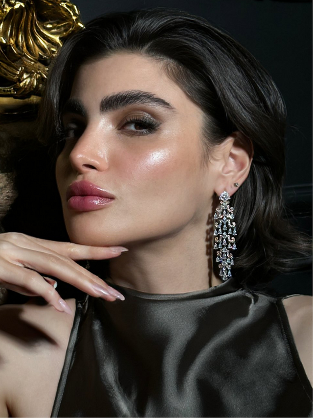 Model Wearing Charlotte Chandelier Earrings in Sterling Silver Jewelry for Pierced Ears 925 Metal Stone One Size 23.86gms