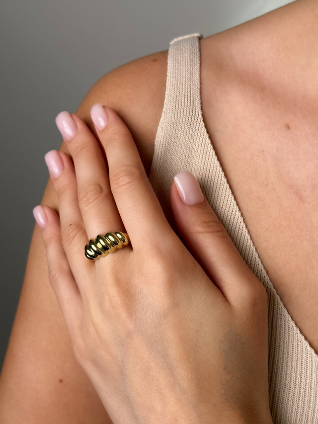 Model Wearing Elli Open Ring in 18k Gold-Plated Metal Open-Adjustable-Resizable Gold Plated Steel | Hypoallergenic Tarnish Resistant Sweat Water Eco - Friendly One Size 4.2gms
