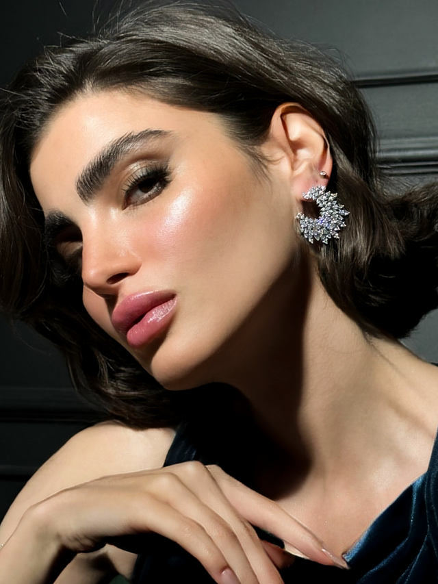 Model Wearing Euphoria Curved Earrings in Sterling Silver Jewelry for Pierced Ears 925 Metal Stone One Size 15.14gms
