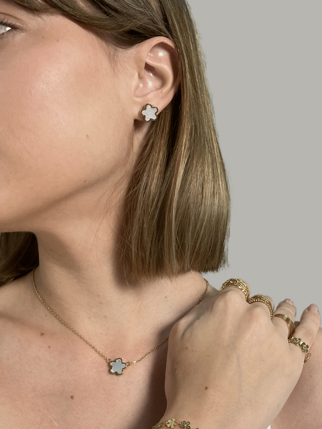 Model Wearing Freya Flower Pendant & Stud Earrings Set in 18k Gold-Plated Metal Adjustable Length Gold Plated Steel | Hypoallergenic Tarnish Resistant Sweat Water One Size 12gms