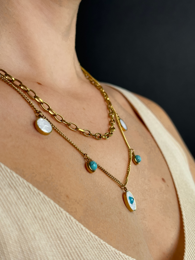 Alternate View of Model Wearing Gold Aura Evil Eye Layered Necklace in 18k Gold-Plated Metal Adjustable Length Plated Steel | Hypoallergenic Tarnish Resistant Sweat Water Eco - Friendly One Size 14.2gms