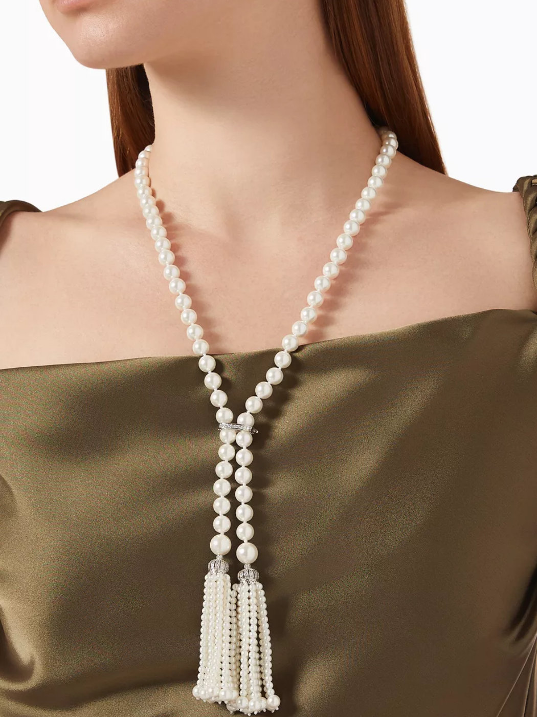 Model Wearing Hessa Tassel Pearl Necklace with Brass clip Fixed Length Rhodium Plated Metal Stone One Size 72.2gms