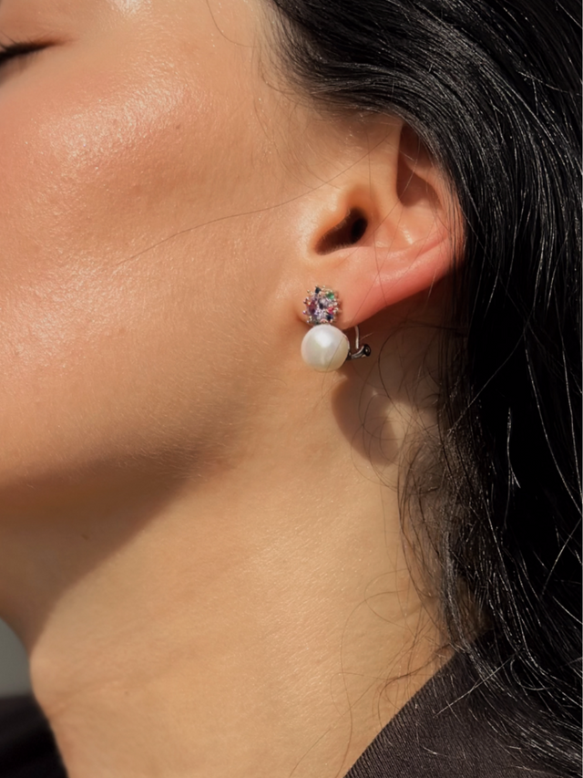 Model Wearing Iris Amethyst & Pearl Earrings in Sterling Silver Jewelry for Pierced Ears 925 Metal Stone One Size 5.3gms