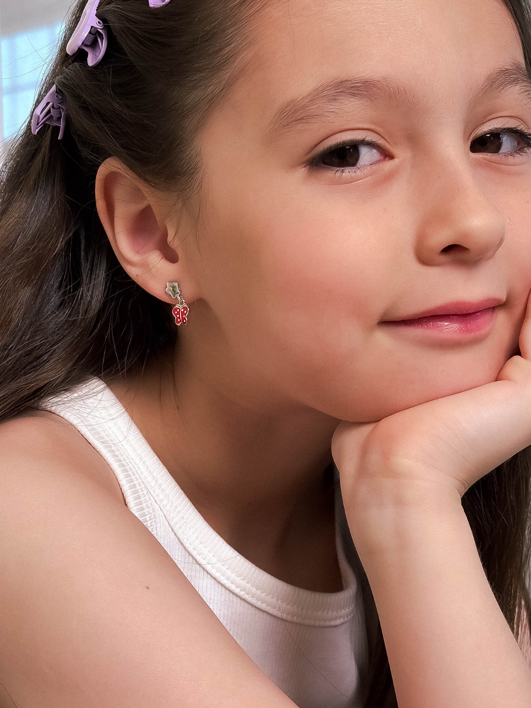 Model Wearing Little Princess Butterfly Dangle Earrings in Sterling silver Jewelry for Pierced Ears 925 Silver Metal One Size 1.8gms