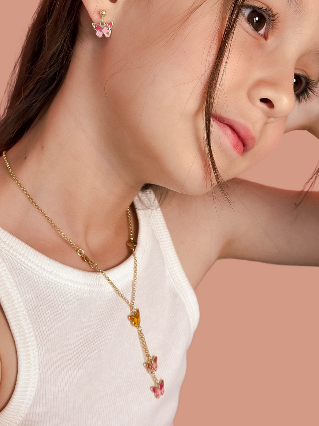 Model Wearing Little Princess Butterfly Lariat Necklace in 18k Gold Plated Sterling Silver Adjustable Length 925 Metal One Size 6.6gms