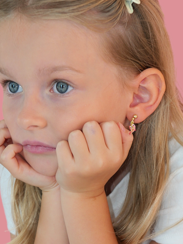 Model Wearing Little Princess Dolphin Earrings in 18k Gold Plated sterling Silver Jewelry for Pierced Ears 925 Sterling Metal One Size 1.7gms